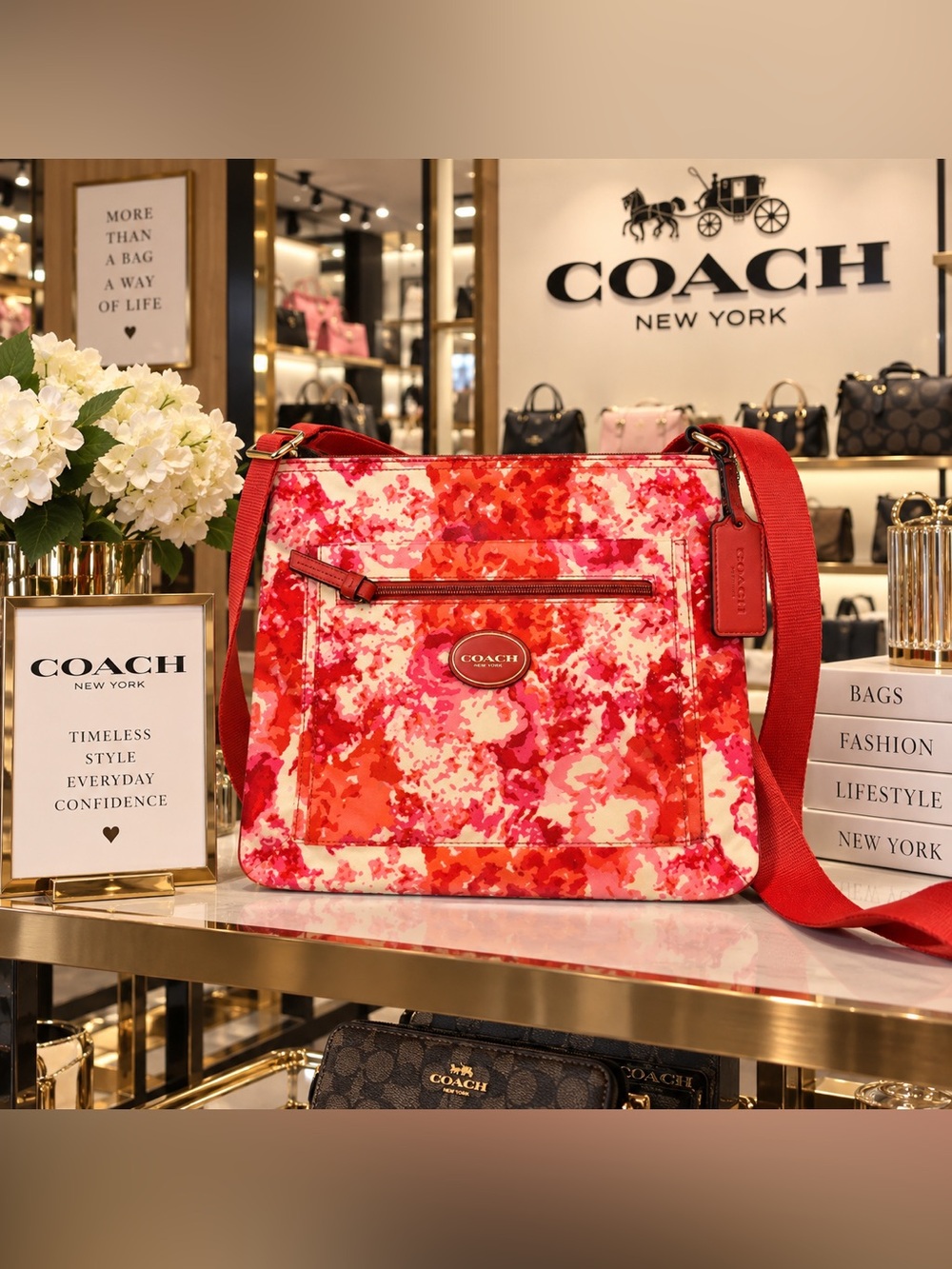 COACH Red and Pink Floral-Print Crossbody Bag